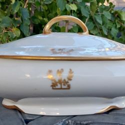 Haviland Limoges 10" Footed Gold Rimmed Handled Covered Vegetable Serving Bowl