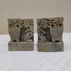 Vintage Hand Carved Asian Green Soapstone Planter and Flowers Bookend Pair Set