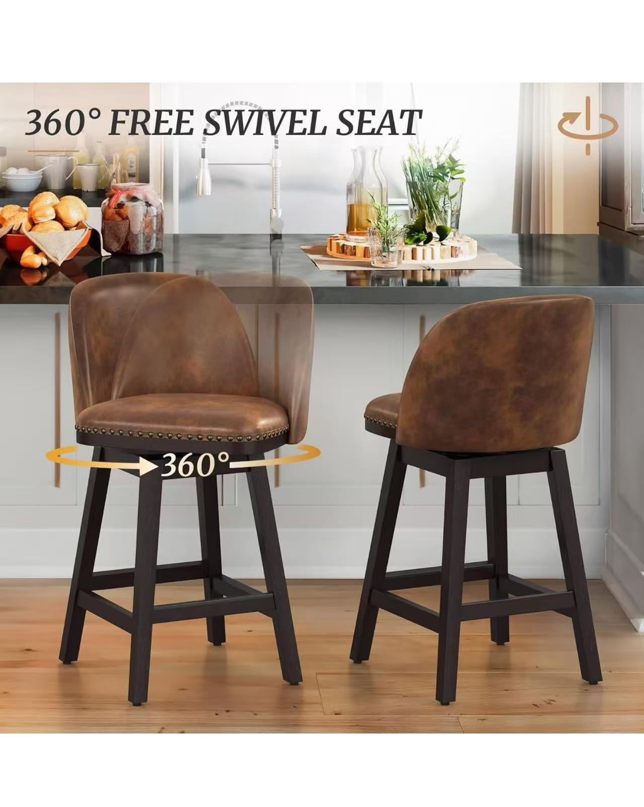 🔥Big sale🔥Swivel Bar Stools, 26" Faux Leather Upholstered Counter Height Bar Stools with Back, Solid Wood Legs with footrest, Retro Nailhead Trim Ba