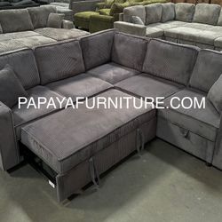 New! Grey Sectional Sofa With Pull-out Bed, Sofabed , Sofa Bed, Sectional Sofa Bed, Couch, Dark Grey Sectional, Sofa With Cupholders And USB Charger.