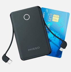 Miisso 6000mah Ultra Slim Built in Cables Power Bank, Card Size Built in USB C Cords Battery Pack Portable Charger for Phones, 3 Output External Batte