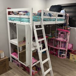 Kids Loft Bed White . With Desk And Storage Space 