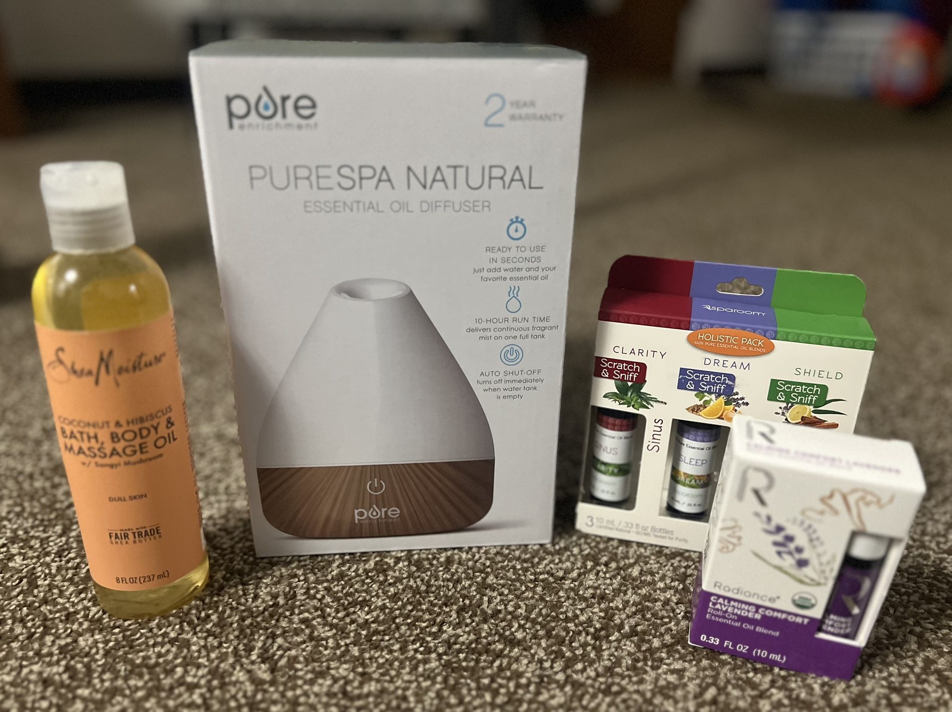 NEW Essential Oil Diffuser Gift Set (Valued at $90) – SpaRoom, Purespa, Shea Moisture Perfect for Mother’s Day, birthdays, graduation, or anyone need