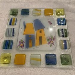 Atelier De Verre Art Glass Fused Footed Square Trivet 