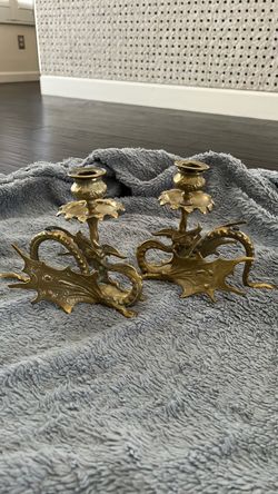 Antique Brass Dragon Candlestick Holders Set of 2