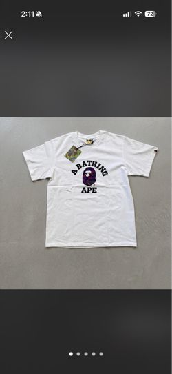 Bape white tee with purple camo arch logo design