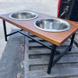 Double Bowl Rustic Wooden 7in Stainless Steel Dog Bowls and Holder 17x9.5x7in holds 7in bowls