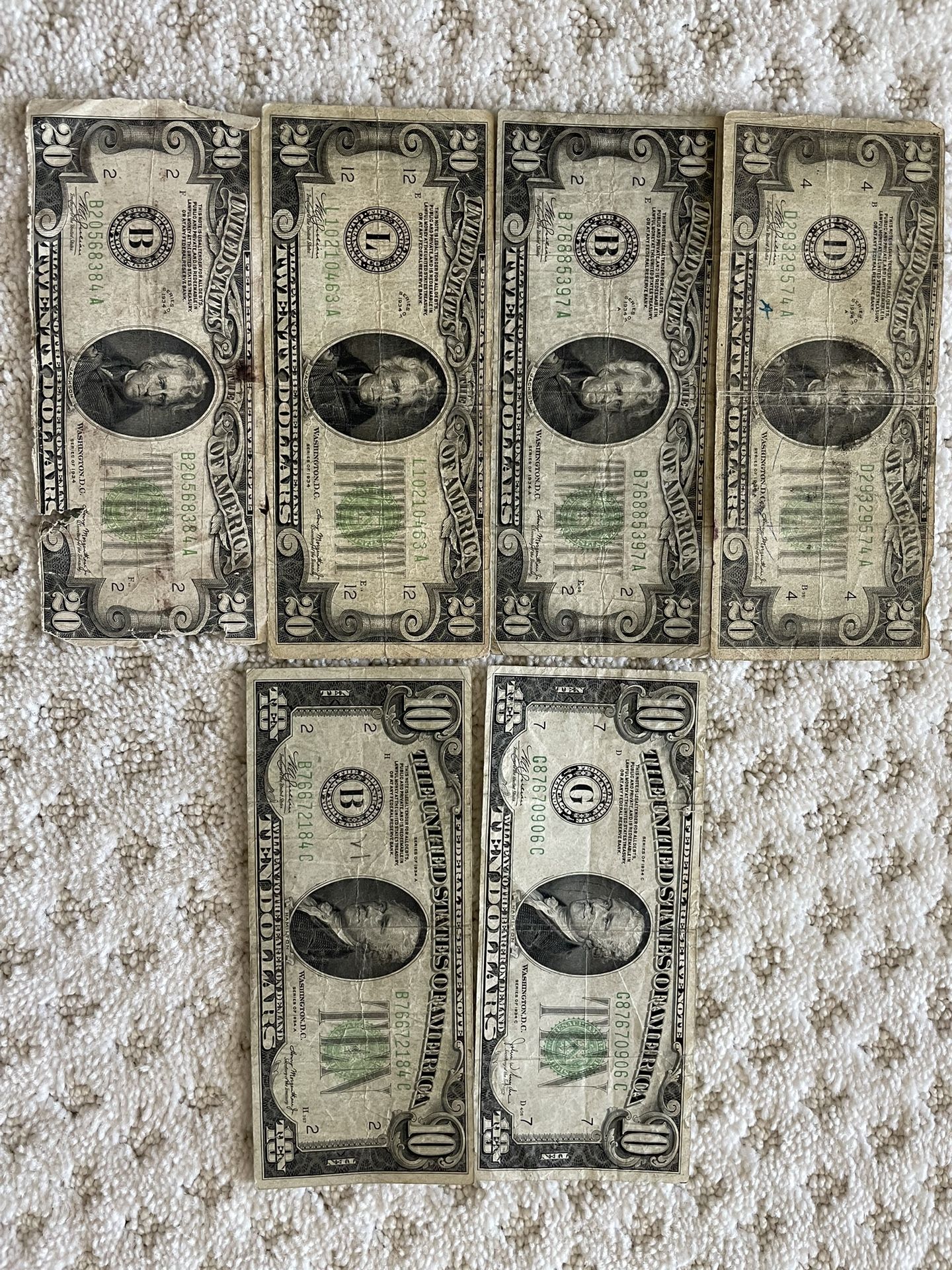 Lot of 1934 old $20 and $10 bills