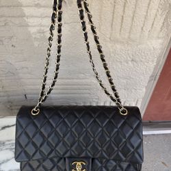 Authentic Vintage CHANEL Black Lambskin Classic Flap Gold Chain Bag Made France