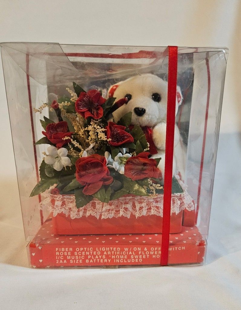 Fiber Optic Teddy Bear Musical Valentine's Day Gift Box White plush bear surrounded by roses Walmart 1990's Excellent Vintage Condition The product is