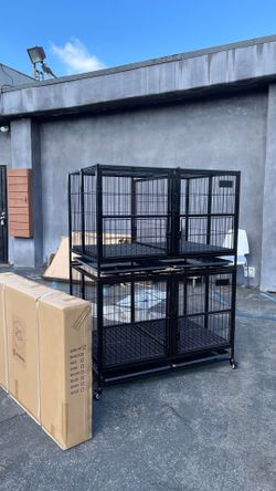 New! 43” Large Heavy Duty 2-Tier Dog Cage , With Removable Center Divider , Foldable No Tools Required