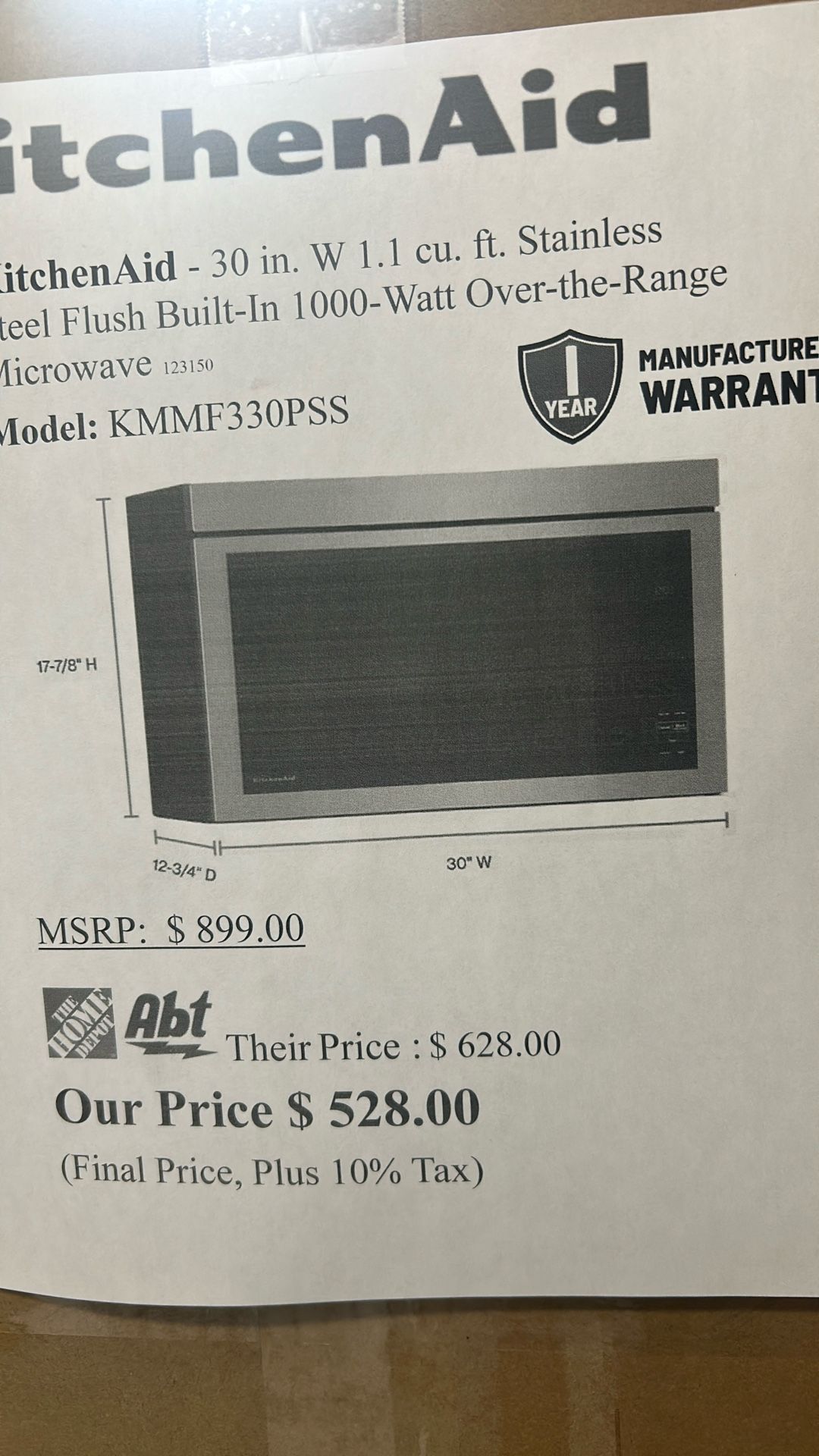 KitchenAid 30inch 1.1 Cu.ft Stainless Steel Flush Built In 1000W Over The Range Microwave