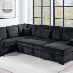 New! 120”L Black Sectional Sofa Bed,Sectionals, Sofa, Couch, Corduroy Sectional Sofa With Storage, Sleeper Sofa. Sofabed, Sofa Bed,U Shaped Sectionals