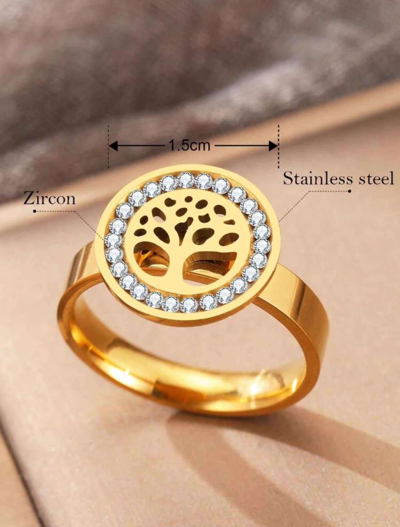 Stainless Steel Ring With Stylish Crystal Money Tree Decor, Suitable For Women's Wedding, Hollow Out Jewelry Gift