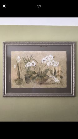 Painting of white flower in vase brown wooden frame size 28X37