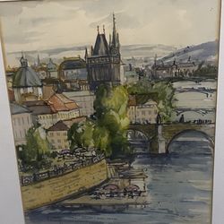 Watercolor Painting - Prague Charles Bridge (Karlův Most) signed n framed