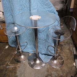 Clear/Chrome Table With 2 Stools 