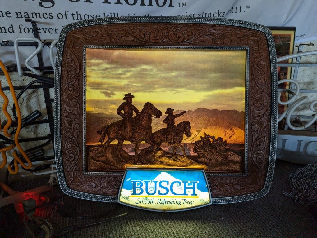 Vintage Busch Beer Lighted Cowboy Bar Sign