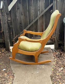 Vintage Wood Rocking Chair with Green Upholstery