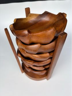Monkey Pod Wood Salad Bowls Set of 6 Hand Crafted Vintage Philippines MCM Stand
