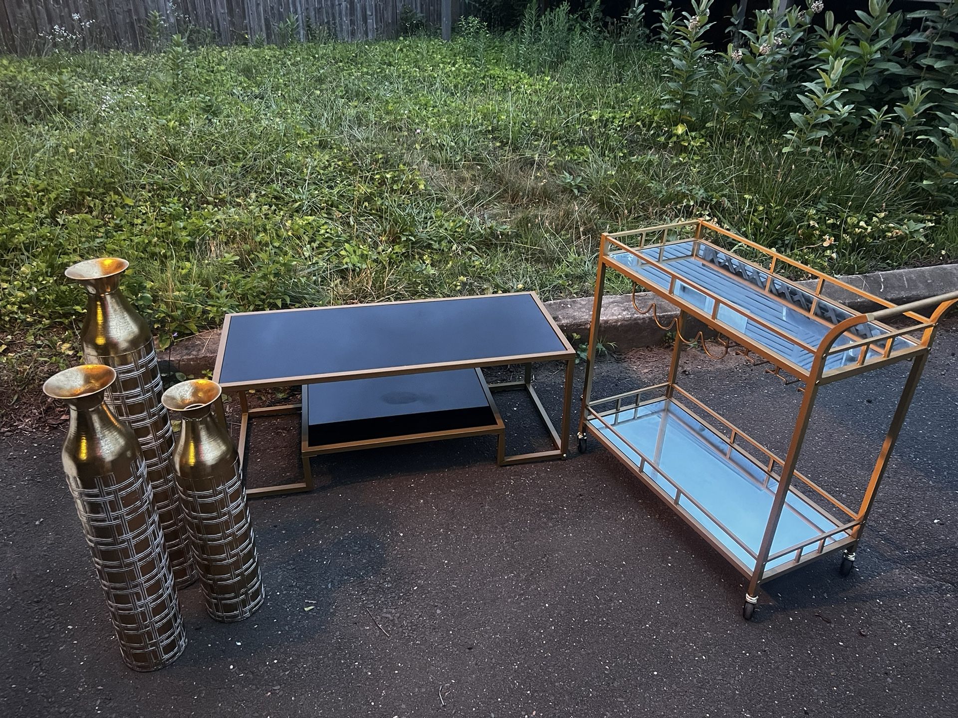Metal Cart Bar, Table And Vase