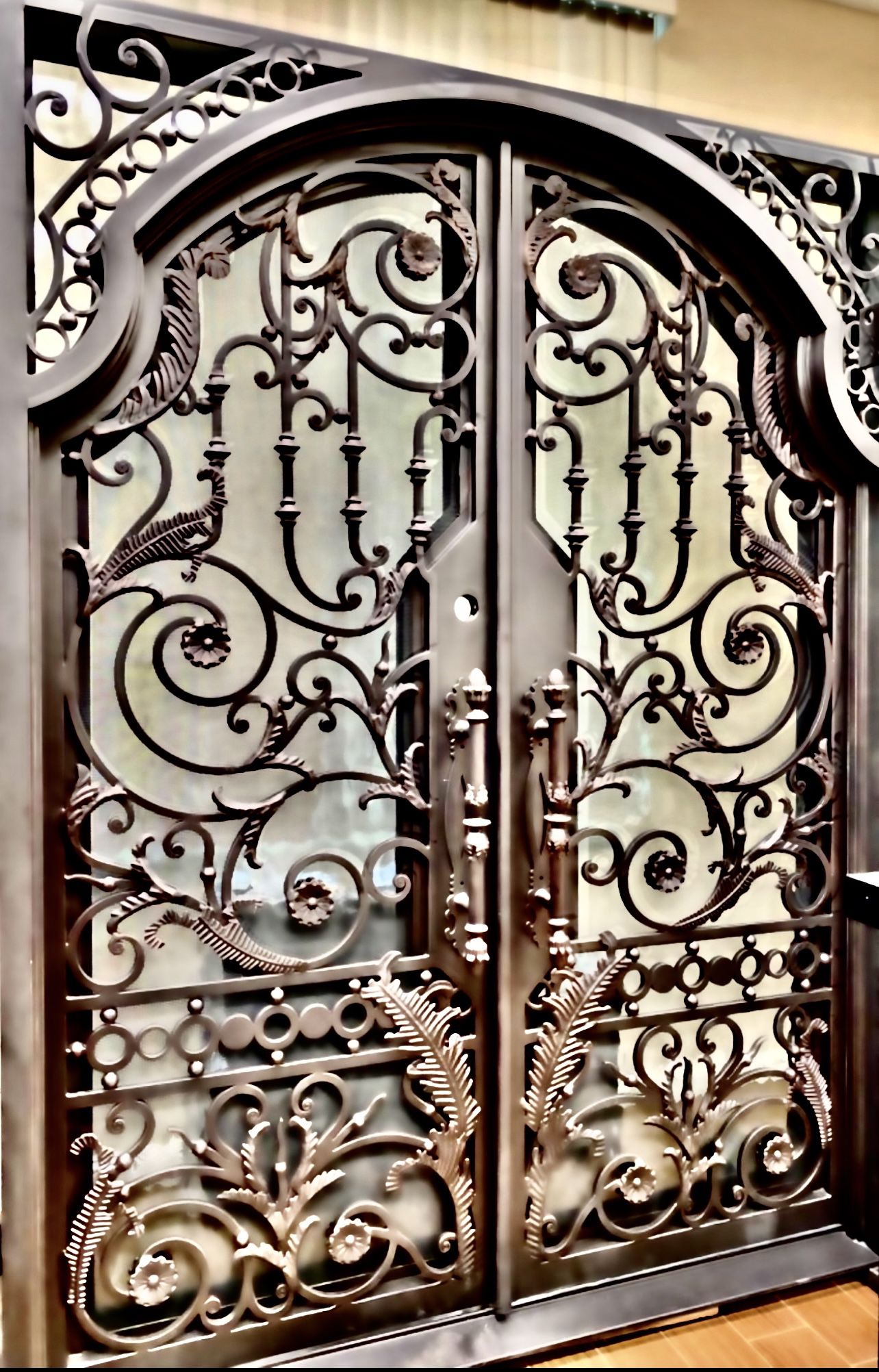 Custom Made Forged Metal Designs Double Swing Main Entry Iron Doors With Tempered Glass 