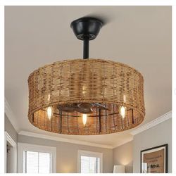 Oaks Aura Cora 20 in. Indoor Brown Rattan Wicker Scandi-Style Ceiling Fan with Lights - New