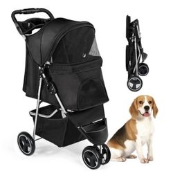 3 Wheels Foldable Pet Strollers with Storage Basket and Cup Holder for Small and Medium Cats, Dogs,