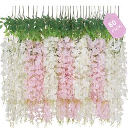 60 Pack White Pink Wisteria Hanging Flowers, Fake Hanging Flowers for Decoration, Artificial Flowers,Vines for Bedroom,Flower Garland for Home,Party,G