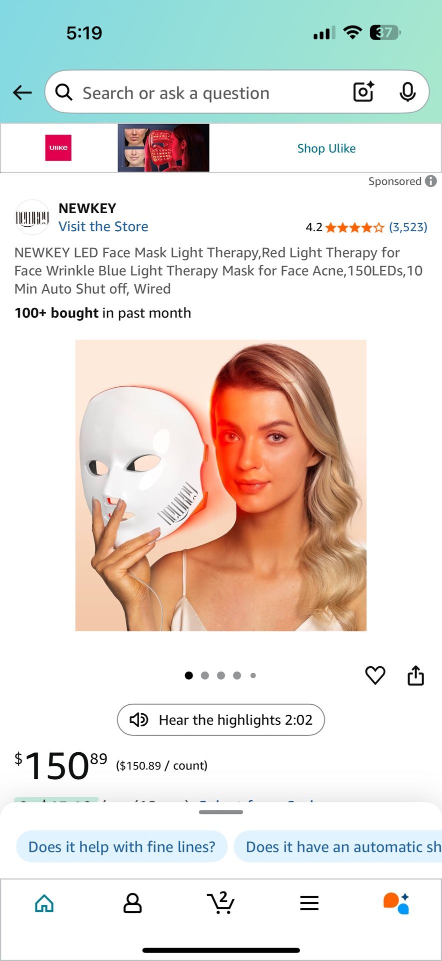NEWKEY LED Face Mask Light Therapy, Red Light Therapy for Face Wrinkle Blue Light Therapy Mask for Face Acne, 150LEDs, 10 Min Auto Shut off, Wired