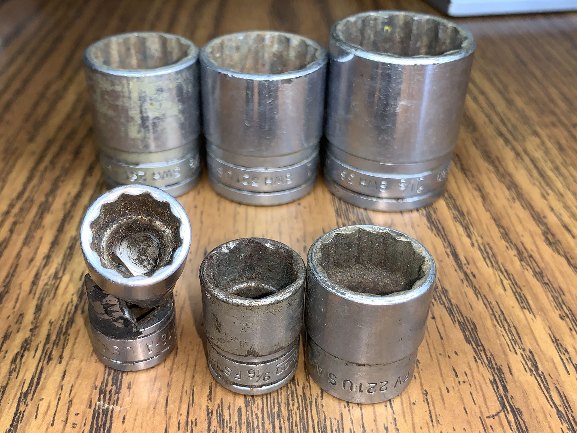 6 Vintage Snap-On Sockets 1/2”, 9/16”, 11/16”, 7/8”, 1”, 1 1/8” Mechanic Tools