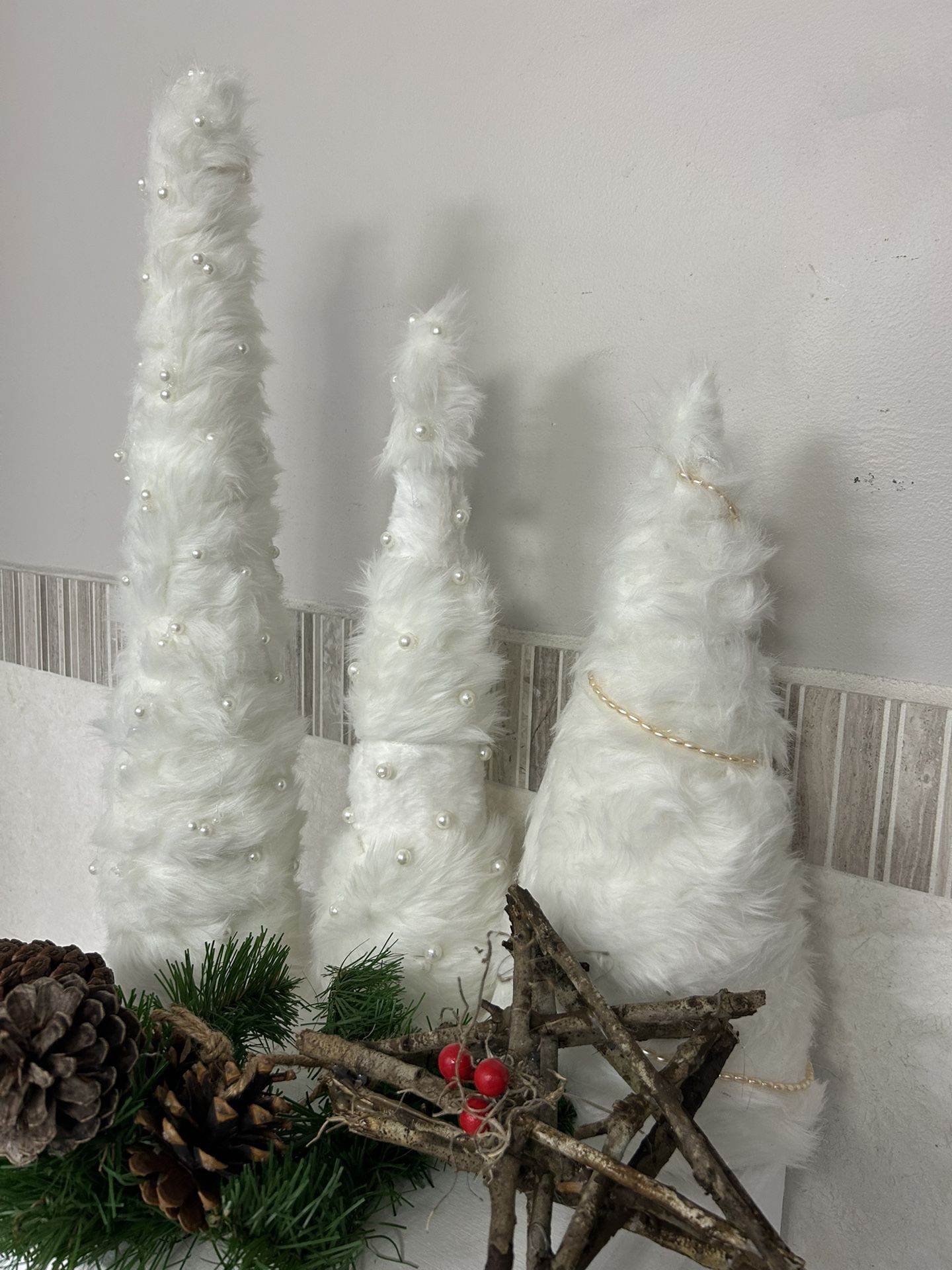Stunning Faux Fur Cone Tree Trio Embellished With Pearls…