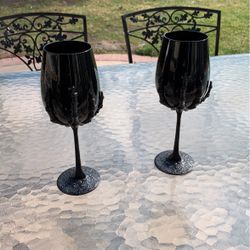 2 Gothic Halloween Black Skeleton Hand Wine Glasses