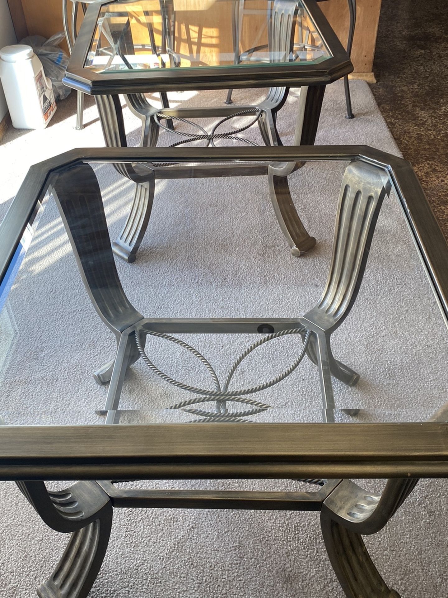 Set of glass top bronze finished side tables