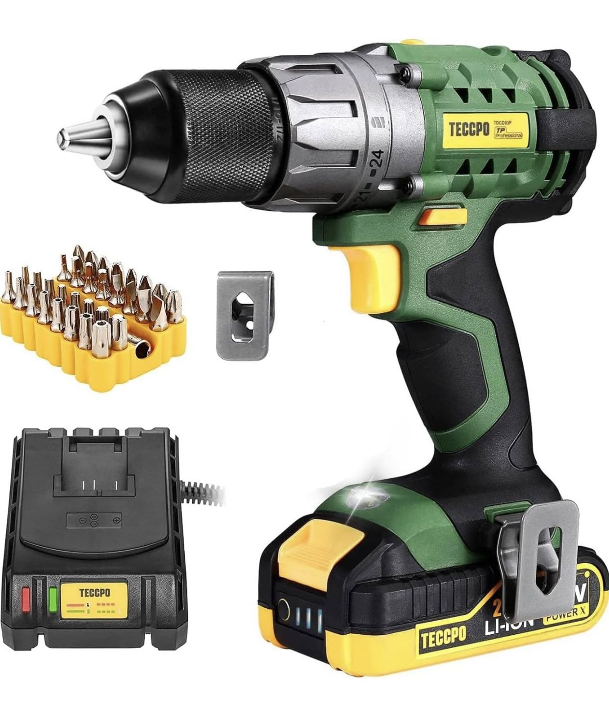 TECCPO 20V Drill Driver 2000mAh Battery, Fast Charger 2.0A, 33pcs Accessories, 1/2" Metal Keyless Chuck