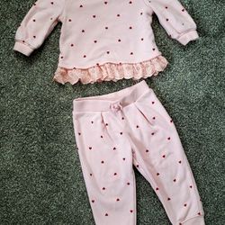 OshKosh B'gosh Baby Girl Outfit Pink Hearts Sweatshirt Ruffle Top Pant Set 18M