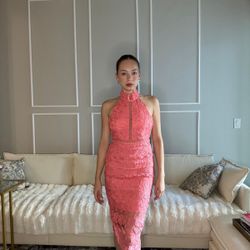 Bardot Coral Lace Midi Dress