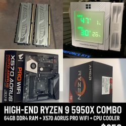 High-End Ryzen 9 5950X Combo – 64GB DDR4 RAM + X570 AORUS PRO WIFI + CPU Cooler