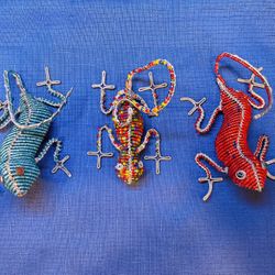 Vintage Set Of 3 Handmade Glass Beaded Geckos/Chameleon 