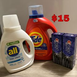 Tide Detergent + All Detergent + 2 Crest Toothpaste