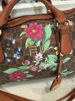 Brown Floral Print Satchel Handbag
