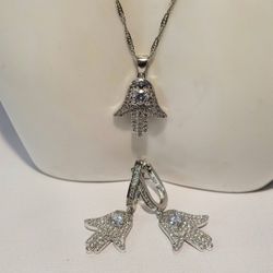 925 Cubic Zirconia Healing Hand Earrings And Necklace Set 