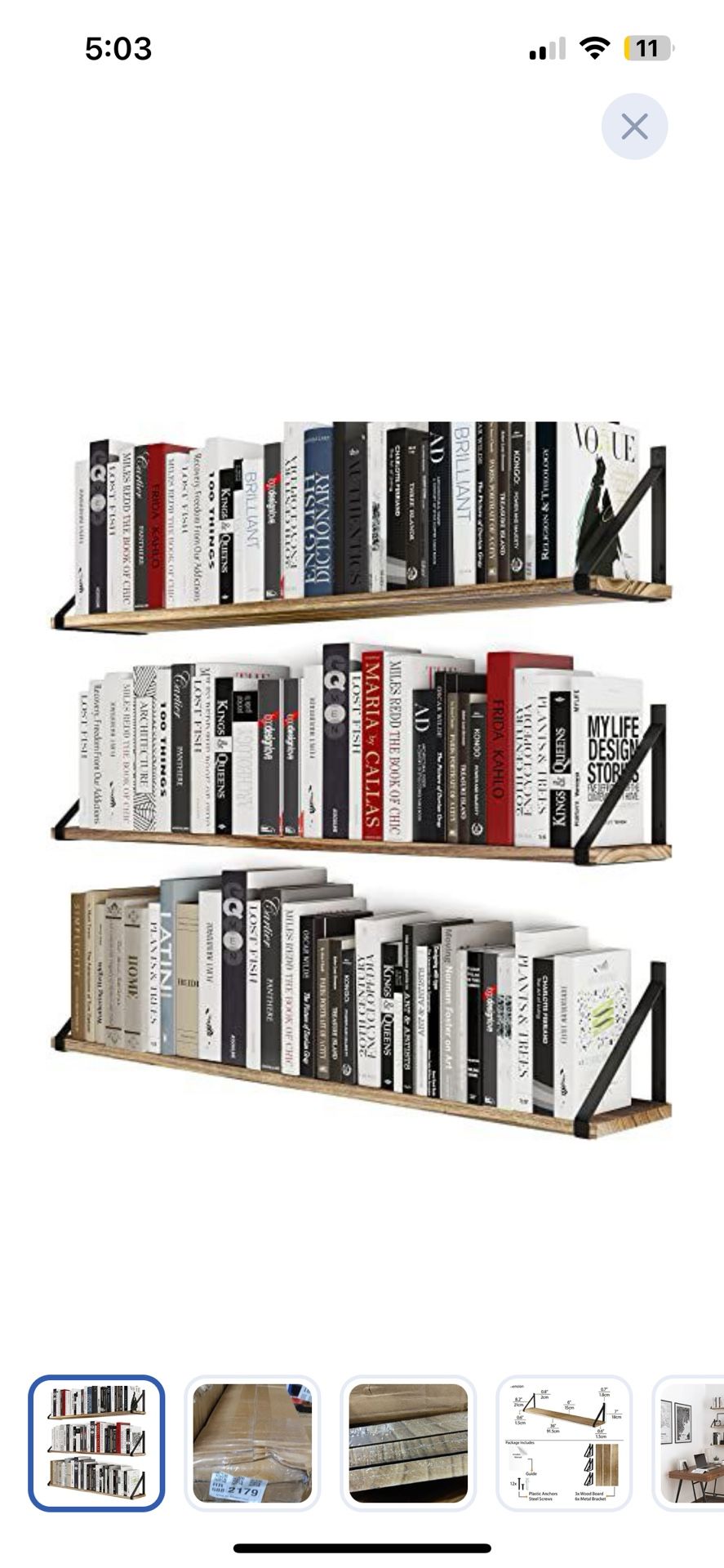 Wallniture Bora 36 Inch Large Floating Shelves for Wall Storage, Floating Bookshelf Set of 3, Burned Wood Wall Shelves for Books