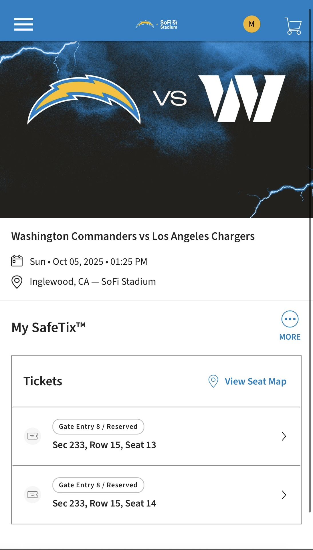🏈 Chargers vs Washington Commanders – 2 Tickets – Oct 5, 2025 @ Sofi Stadium 🏟️
