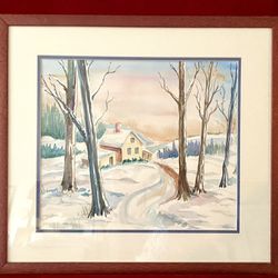 Signed and Framed Watercolor Original Painting Home Beautiful Winter