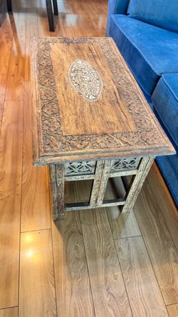 Vintage Folding Wood Table Hand-Carved Mother-of-Pearl Inlay Accent Table – 37 Years Old