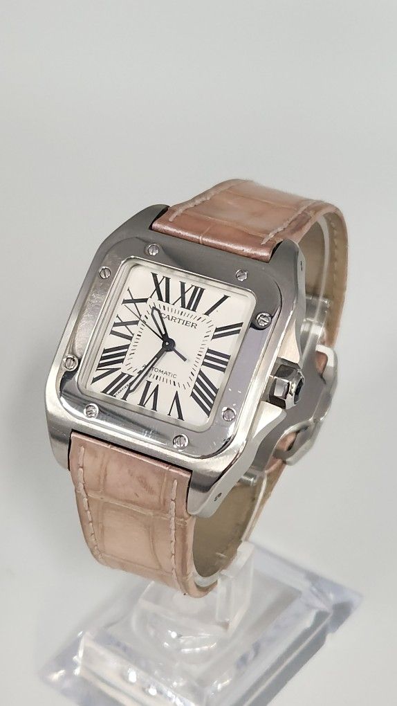 Cartier Square Pink Leather Band Automatic Stainless Steel WR Watch