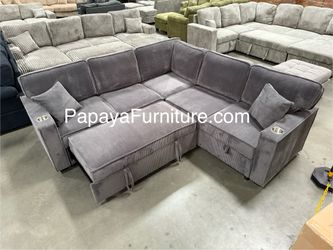 New! Dark Grey Sectional Sofa Bed, Sofabed, Sectional Aofa With Pull-out Bed, Corduroy Sectional, Sofas, Couch, Sleeper Sofa, Plush Sectional With USB