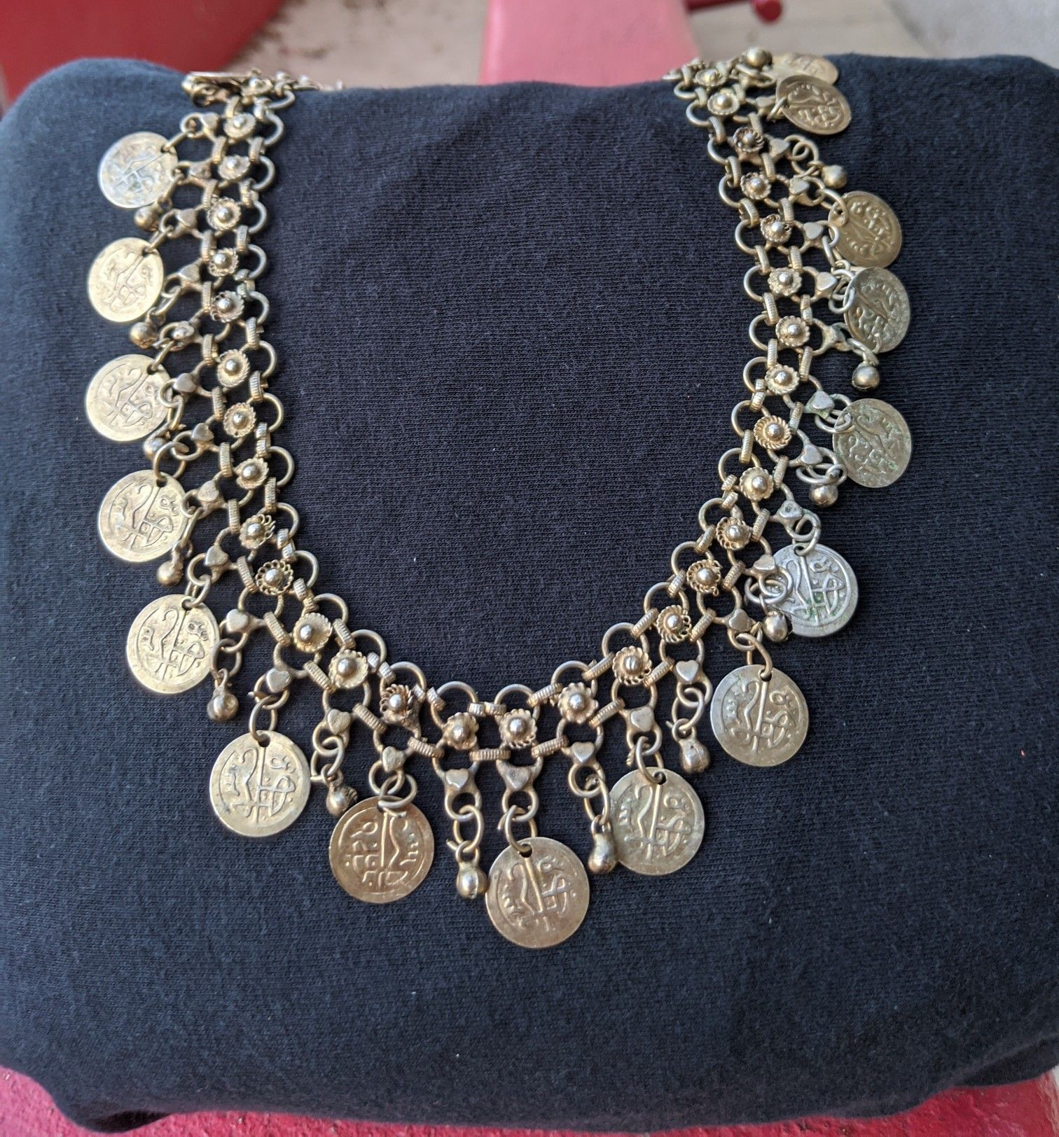 30". Vintage Middle Eastern coin small loop necklace. Handmade. Amazing workmanship.