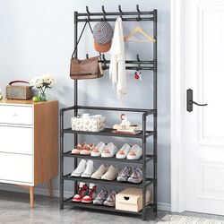 Entryway Cabinet With Hooks And Shoe Bench | Clothes And Shoes Rack,Floor-standing Rack Organizer,Shoe Storage Bench With Hooks,Metal Frame For Bedroo